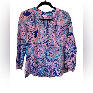 Lilly Pulitzer Elsa Psychedelic‎ Sunshine Silk Top Flowy Long Sleeve Size XS